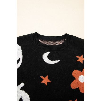 Black Halloween Mythical Night Pattern Drop Shoulder Sweater