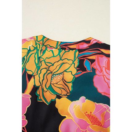 Black Floral Print Smocked Cuffs Puff Sleeve V Neck Blouse