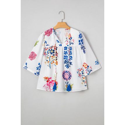 White Floral Print Tassel Tie Bracelet Sleeve Flowy Blouse