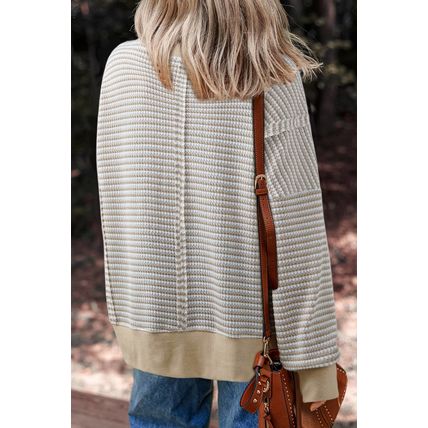 Brown Stripe Chenille Bow Patched Drop Shoulder Long Sleeve Top