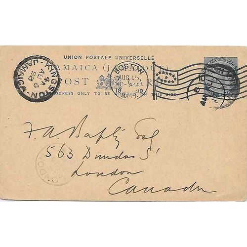 Jamaica Island UPU Postal Card 1898 Kingston to London ONTARIO Canada via Boston