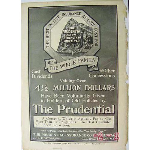 PRUDENTIAL INSURANCE COMPANY 1904 dividends whole family vintage ad