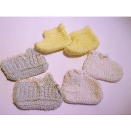 3 Pair 50s Crocheted Knitted Baby Booties White Yellow and Blue