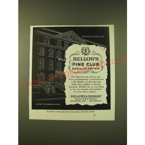 1951 Bellows Gin Ad - Bellows Fine Club Distilled Dry Gin