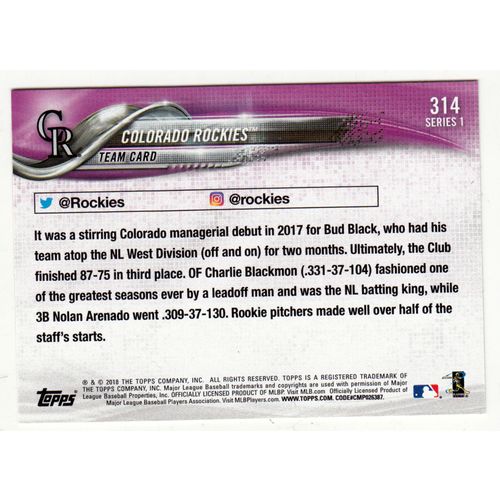 2018 Topps Series 1 baseball card 314 Colorado Rockies Team Card