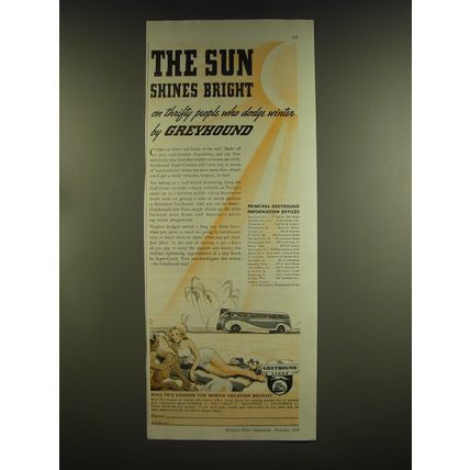 1939 Greyhound Bus Ad - The sun shines bright on thrifty people who dodge