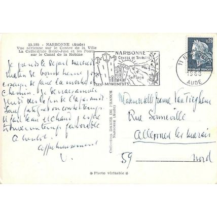 Narbonne France RP Postcard posted 1968 crease