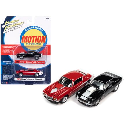 1969 Chevrolet Camaro ZLX Phase III Black with White Stripes and 1973 Chevrol...