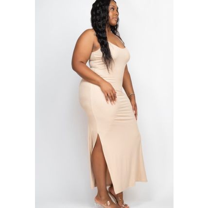 Women's Plus Size Ribbed Side Slit Long Cami Maxi Dress
