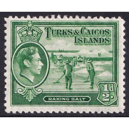 Turks and Caicos KGVI 1938-45 1/2d Yellowish Green Raking Salt SG195 Mint MH