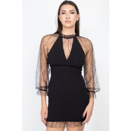Women's Pearl Trim Mesh Bodycon Dress