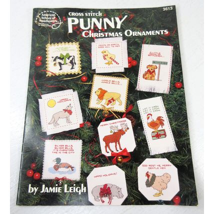 1993 Punny Christmas Ornaments Cross Stitch Book 24 Designs Jamie Leigh 3613