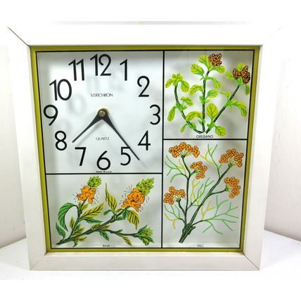 Vintage Verichron Wall Clock 11.5" Wood Glass Frame Herbs Basic Oregano Dill