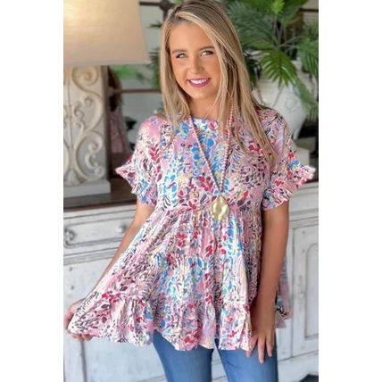 Pink Floral Print Ruffle Sleeve Babydoll Top