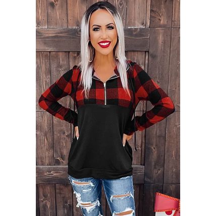 Black Contrast Buffalo Plaid Zip Pullover Hooded Top