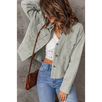 Sky Blue Raw Hem Flap Pockets Cropped Corduroy Jacket