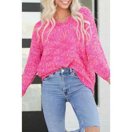 Dark Pink Colorful Spots Knitted V Neck Casual Sweater