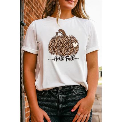 White Hello Fall Leopard Pumpkin Graphic T Shirt