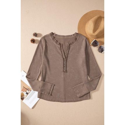 Coffee Acid Wash Waffle Knit Buttoned Neckline Long Sleeve Top