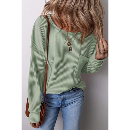 Clearly Aqua Solid Color Corded Drop Shoulder Long Sleeve Top