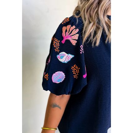 Sail Blue Shellfish Coral Embroidery Puff Sleeve Frilled Neck Blouse