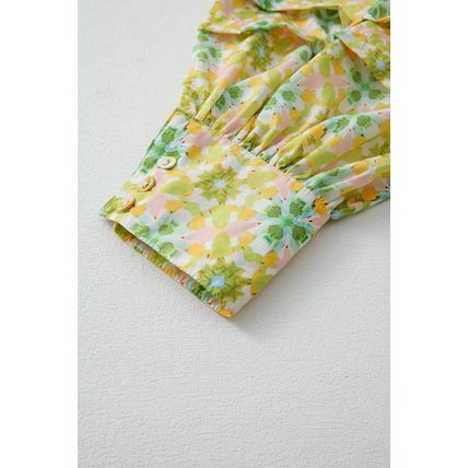 Green Boho Floral Print Frilly Detail Puff Sleeve Shirt