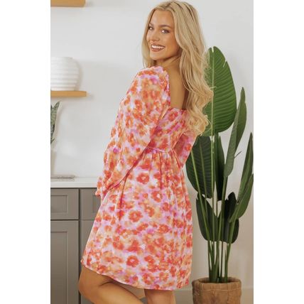 Rose Floral Print Square Neck High Waist Mini Dress
