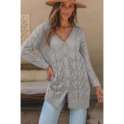 Gray Hollow-out Openwork Knit Cardigan