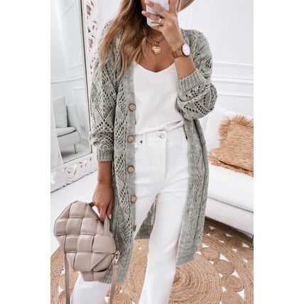 Gray Hollow-out Openwork Knit Cardigan