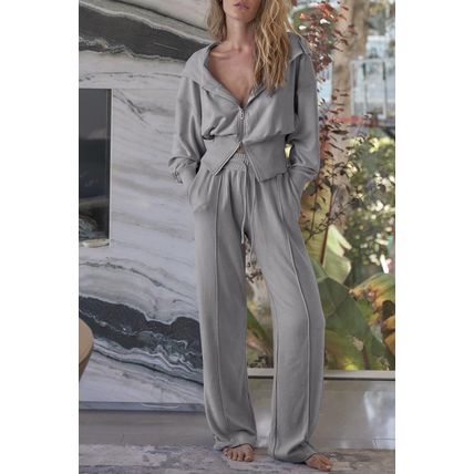 Gray Double Zipper Hooded Jacket and Sweatpants Active Set