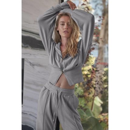 Gray Double Zipper Hooded Jacket and Sweatpants Active Set