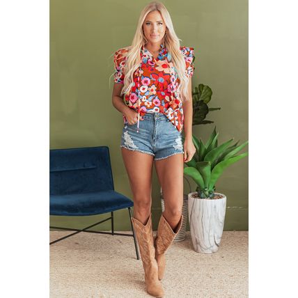 Brown Flower Print Self Tie Frilled Collar Puff Sleeve Blouse