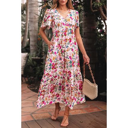 Red Floral Short Sleeve V Neck High Waist Maxi Dress