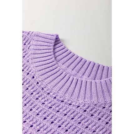 Lavendula Pointelle knit Ribbed Trim Short Sleeve Sweater