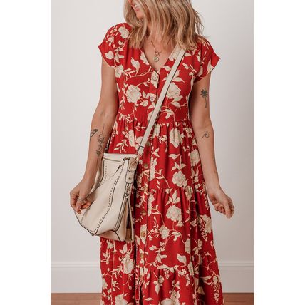Red Floral Print Buttoned Front V Neck Tiered Short Sleeve Midi Dress