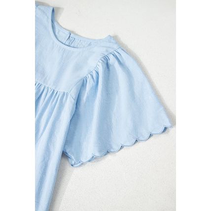 Beau Blue Solid Color Embroidered Scalloped Sleeves Crew Neck Blouse