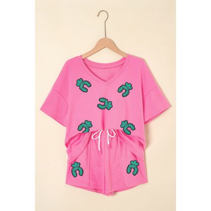 Bonbon Sequin Turquoise Patched V Neck Tee Drawstring Shorts 2pcs Outfit