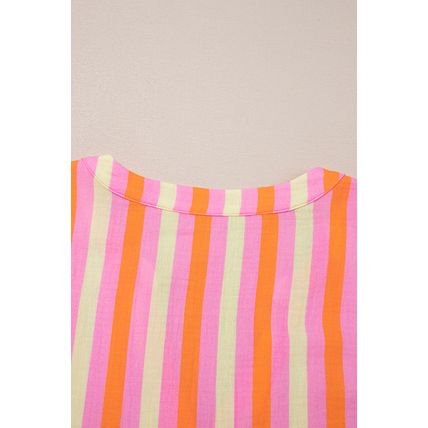 Pink Stripe Crinkled Half Buttons V Neck Plus Size Blouse