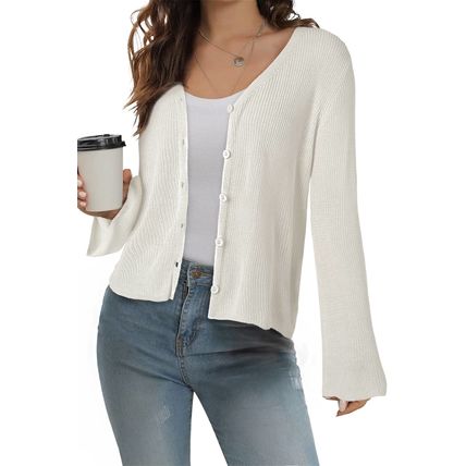 White Lightweight V Neck Button Front Bell Sleeve Cardigan Sweater
