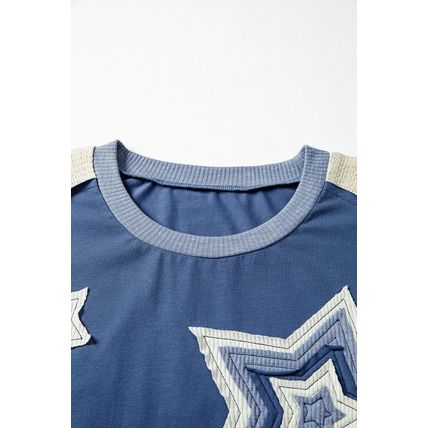 Dark Blue Contrast Knitted Colorblock Star Patchwork Oversize Long Sleeve Top