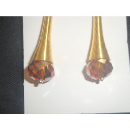 Large fire polished rich cognac crystal glass coil earrings