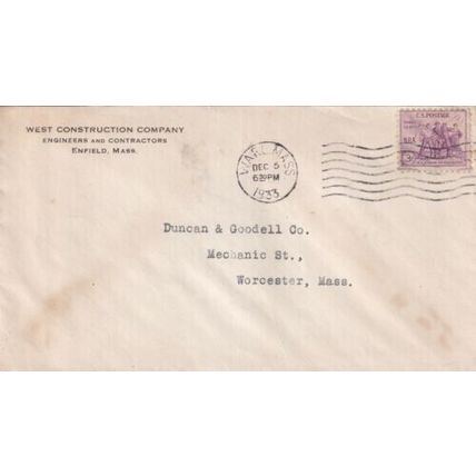 United States 1933 West Construction Company Ware MASS-Worcester MASS Cover VGC