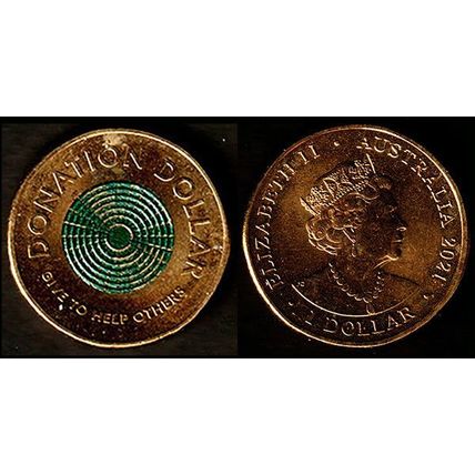 Australia $1 2021 Used. Coin Queen Elizabeth II JC QE II Green "Donation Dollar"