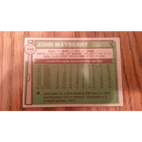 1976 Topps Card # 440 John Mayberry Very Good (3) Kansas City Royals