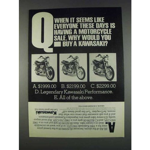 1982 Kawasaki 550LTD, 650CSR and 750CSR Motorcycles Ad