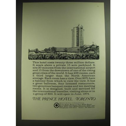 1974 The Prince Hotel Toronto Ad - This hotel costs twenty-three million dollars