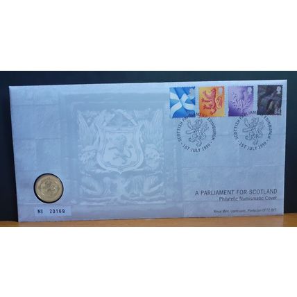 1999 PNC Limited Edition GB Stamp & £1 Coin Cover - Scotland Parliament UK (a)