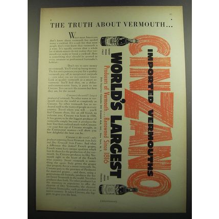 1952 Cinzano Vermouth Ad - The truth about vermouth