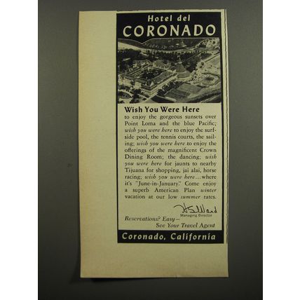 1953 Hotel del Coronado Ad - Wish you were here