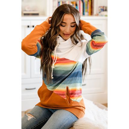 Brown Striped Colorblock Pocketed Hoodie